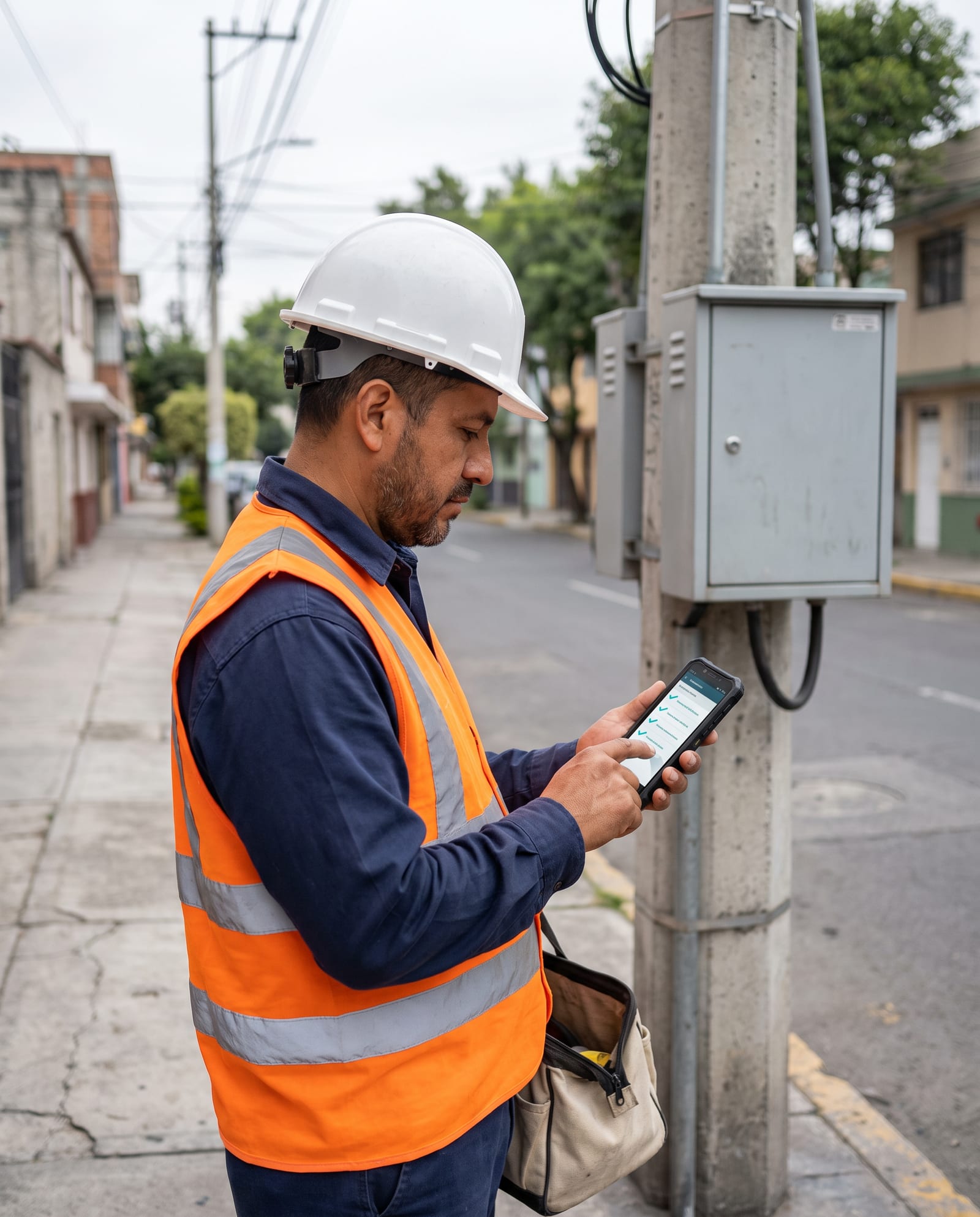 Field technician in a hard hat checking a work order on a phone