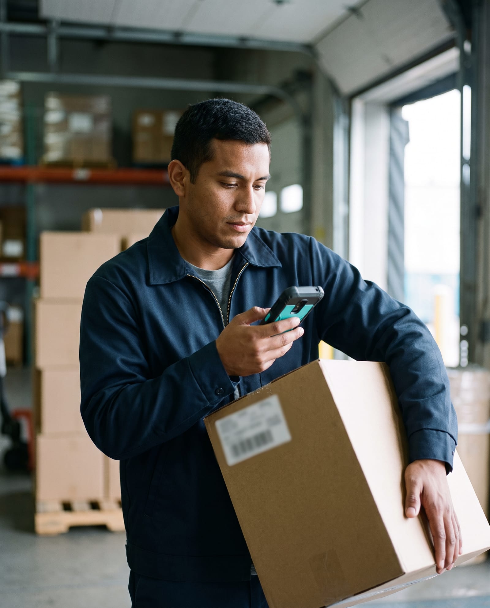 Warehouse worker checking a parcel on a rugged Android phone