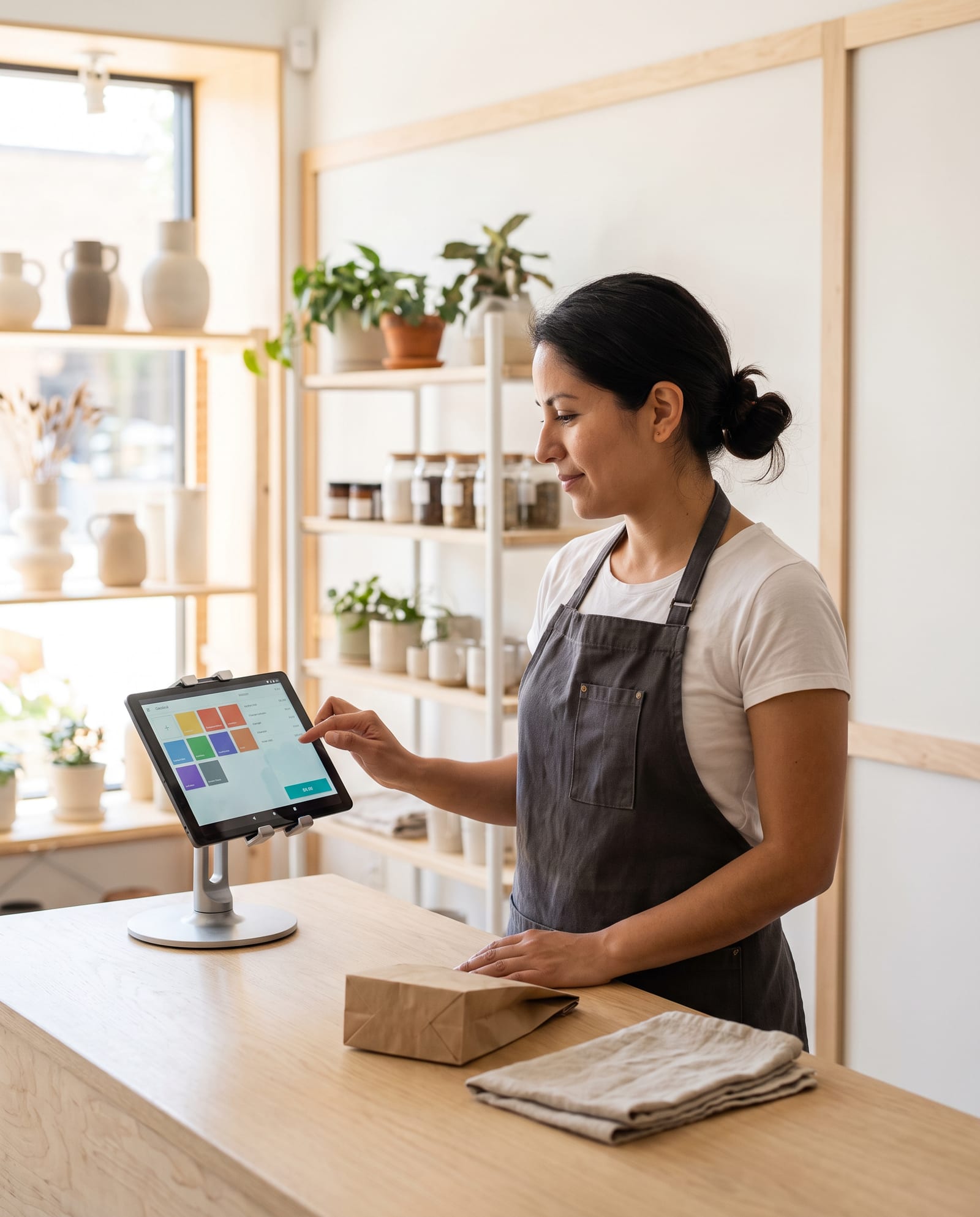 Store associate using an Android tablet as a point of sale